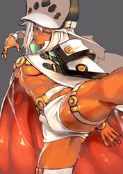 1girls abs action_pose belt big_breasts blonde_hair breast breasts cape dark-skinned_female dark_skin female_only fighting_stance guilty_gear guilty_gear_xrd hat kicking large_breasts long_hair looking_at_viewer micro_shorts o-ring o-ring_top orange_eyes parted_lips platinum_blonde_hair ramlethal_valentine shiny_skin short_shorts shorts solo standing_on_one_leg stomach thigh_strap toned_female underboob unizama rating:Questionable score:66 user:deleted107113