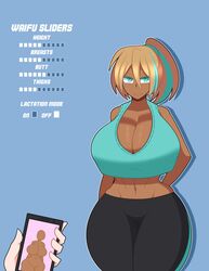 ass_expansion attribute_slider blonde_hair breast_expansion carol_(carro3dsculpts) cyan_eyes dark_skin duskyer huge_breasts imminent_growth ponytail slider sports_bra thick_thighs rating:Questionable score:105 user:ndfhfn6