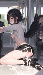 after_sex ai_generated black_hair black_wings collar cum cum_drip cum_in_pussy cum_on_body cum_on_breasts glasses halo looking_at_viewer miniskirt open_clothes red_eyes short_hair side_view sitting smile spread_legs train rating:Explicit score:96 user:Aoki39