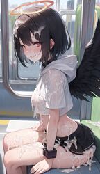 after_sex ai_generated black_hair black_wings collar cum cum_drip cum_in_pussy cum_on_body cum_on_breasts cum_on_clothes glasses halo looking_at_viewer open_clothes red_eyes short_hair sitting smile train rating:Explicit score:342 user:Aoki39