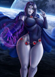 1girls armgloves artist_signature blue_cape blue_eyes blue_leotard breasts cape cleavage dc dc_comics deviantart_username earth elbow_gloves feet female female_only flowerxl front_view grey-skinned_female grey_skin hourglass_figure jewelry koriand'r large_breasts leotard looking_at_viewer object_request only_female pinup purple_hair purple_mouth rachel_roth raven_(dc) short_hair solo solo_female space_background straight straight_hair teen_titans thick_thighs tight_clothing wide_hips rating:Questionable score:64 user:Patrick_PAT