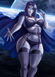 1girls artist_signature blue_cape blue_eyes breasts cape cleavage dc dc_comics deviantart_username earth female female_only flowerxl front_view grey-skinned_female grey_skin hourglass_figure koriand'r large_breasts looking_at_viewer object_request only_female pinup purple_hair purple_mouth rachel_roth raven_(dc) short_hair solo solo_female space_background straight straight_hair teen_titans thick_thighs tight_clothing wide_hips rating:Explicit score:36 user:Patrick_PAT