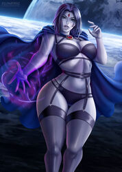 1girls artist_signature blue_cape blue_eyes breasts cape cleavage dc dc_comics deviantart_username earth feet female female_only flowerxl front_view gather_belt grey-skinned_female grey_skin hourglass_figure jewelry koriand'r large_breasts lingerie looking_at_viewer object_request only_female pinup purple_belt purple_bra purple_hair purple_lingerie purple_mouth purple_panties purple_stockings rachel_roth raven_(dc) short_hair solo solo_female space_background straight straight_hair teen_titans thick_thighs wide_hips rating:Explicit score:48 user:Patrick_PAT