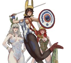 3girls body_paint celtic cleavage female female_only medium_breasts mossa nude pale_skin shield standing sword warrior white_background rating:Explicit score:101 user:menu