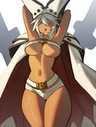 1girls arc_system_works arms_above_head arms_up belt big_breasts blonde_hair bra breast_press cape dark-skinned_female dark_skin female female_only guilty_gear guilty_gear_xrd hat large_breasts looking_at_viewer looking_down_at_viewer navel ninra o-ring o-ring_top open_mouth orange_eyes platinum_blonde_hair ramlethal_valentine revealing_clothes sharp_teeth short_shorts shorts strapless strapless_bra thick_thighs underboob white_hair wide_hips rating:Questionable score:172 user:deleted107113