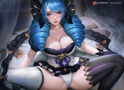 1girls 2023 blue_eyes blue_hair blush breasts checkered cleavage gloves gwen_(league_of_legends) large_breasts league_of_legends looking_at_viewer mismatched_legwear panties patreon_username ribbon riot_games sitting sitting_on_bed spread_legs tagme tattoo thighhighs twintails upskirt vertical_stripes watermark white_panties windwalker rating:Questionable score:116 user:AbsoluteTerritory