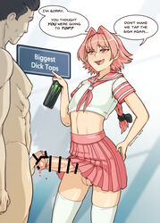 2boys absurdres astolfo_(fate) astolfo_(sailor_paladin)_(fate) astolfo_monster_cosplay_(meme) bar_censor can censored crop_top english_text fate/apocrypha fate/grand_order fate_(series) femboy girly hair_intakes highres holding holding_can huge_cock hung_trap josou_seme long_hair male male_focus male_only meme midriff monster_energy multiple_boys multiple_penises navel neckerchief oerba_yun_fang official_alternate_costume open_mouth otoko_no_ko penis penis_size_difference penises_touching pink_hair pink_skirt pleated_skirt purple_eyes school_uniform serafuku short_sleeves skin_fang skirt small_penis_humiliation speech_bubble sulcate testicles thighhighs trap trap_is_bigger uncensored_version_available white_thighhighs yaoi rating:Explicit score:535 user:bot