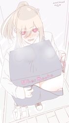 1girls blush box breasts_in_box delivery delivery_girl female gift gigantic_breasts heart-shaped_pupils joke mnjs nipples partially_clothed standing uber rating:Explicit score:36 user:cato1