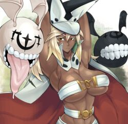 1girls arc_system_works armpits arms_up athletic_female belt big_breasts blonde_hair cape dark-skinned_female dark_skin geistbox guilty_gear guilty_gear_xrd hat large_breasts long_hair long_tongue looking_at_viewer lucifero o-ring o-ring_top orange_eyes platinum_blonde_hair ramlethal_valentine revealing_clothes shorts skindentation rating:Questionable score:70 user:deleted107113