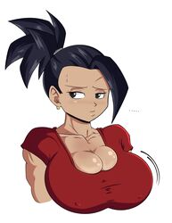 1girls alternate_breast_size big_breasts black_eyes black_hair breasts dark_skin dragon_ball dragon_ball_super earrings huge_breasts kale large_breasts lewdyartz muscular_female nipple_bulge veiny_breasts rating:Explicit score:98 user:TheGoat_xxxx