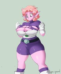 1girls armor big_breasts cheelai_(cosplay) chronoa cleavage cosplay dragon_ball dragon_ball_heroes dragon_ball_xenoverse earrings eyebrows eyelashes female female_only gloves goddess kappa_spark large_breasts pink_hair pink_skin pointy_ears ripped_clothing solo solo_female solo_focus thick_thighs thighs white_gloves wide_hips rating:Questionable score:153 user:HughthyDerg