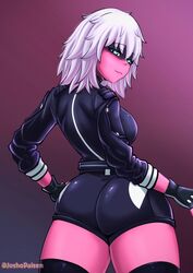 1girls ass ass_focus big_ass blue_eyes breasts clothed clothed_female curvy dat_ass fortnite fortnite:_battle_royale gloves harlowe_(fortnite) jacket joshopaisen looking_at_viewer looking_back pink_body pose short_hair shorts thick_thighs thighhighs thighs white_hair rating:Questionable score:70 user:UziOky