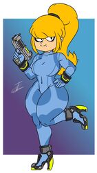 2018 blindstash blonde_hair bodysuit breasts female hand_on_hip heels metroid mole nintendo pistol samus_aran skin_tight solo thick_thighs wide_hips zero_suit_samus rating:Safe score:19 user:slushiefan69