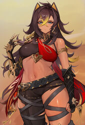 animal_ears belly black_hair blue_eyes blush dark-skinned_female dark_skin dehya_(genshin_impact) genshin_impact kataku_musou midriff torn_pants rating:Questionable score:97 user:Monalicious