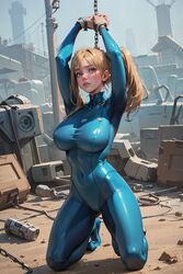 1girls ai_generated blonde_hair chained curvy curvy_body curvy_female curvy_figure huge_breasts latex_suit looking_at_viewer metroid ponytail samus_aran seductive_look skin_tight solo stable_diffusion tagme rating:Explicit score:200 user:Dragon98