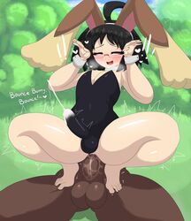 2boys anal anal_penetration anal_sex balls black_hair bunny_ears bunnysuit cheren_(pokemon) cum cum_through_clothes cum_while_penetrated dark-skinned_male dark_skin dialogue easter encouragement erection erection_under_clothes femboy gay glasses light-skinned_male light_skin lopunny_(cosplay) male male_only mistpirit outdoors penis pokemon pokemon_(cosplay) pokemon_bw pokemon_bw2 reverse_cowgirl_position riding riding_penis sissification sissy squat squatting text thick_thighs wide_hips yaoi rating:Explicit score:390 user:Rex_Hollins