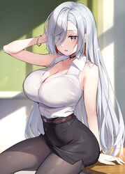 1girls ass big_ass big_breasts blouse bra bra_visible_through_clothes breasts choker cleavage desk earrings female female_only genshin_impact hi_res lingerie long_hair oryou pantyhose pencil_skirt school see-through shenhe_(genshin_impact) shirt short_skirt skirt teacher_outfit tights very_long_hair white_hair rating:Questionable score:197 user:red3301