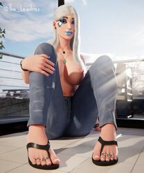 3d alternate_version_available ark_(fortnite) balcony big_breasts black_hair blender blue_lipstick blue_makeup blue_nail_polish blue_nails bottomwear breasts clothed clothing detailed_background ear_piercing earrings epic_games feet female female_focus female_only fortnite half-dressed half_naked highres jeans lewdrex lipstick long_hair looking_at_viewer makeup nose_piercing nude nude_female on_floor peants piercing piercings presenting presenting_breasts sandals shadow shoes sitting solo solo_focus spread_legs sun sunlight sunrays thick_thighs topless watermark white_hair rating:Explicit score:9 user:mango05