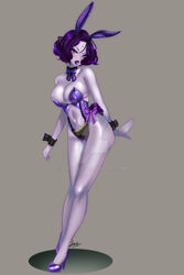 1girls 2d belt black_hair bob_cut bunny_ears bunnysuit dc dc_comics female female_only fingerless_elbow_gloves full_body goth grey-skinned_female grey_skin hands_on_hips heels hi_res latex looking_at_viewer lufidelis medium_hair pale-skinned_female pale_skin purple_eyes rachel_roth raven_(dc) shiny_clothes solo teen_titans thick_thighs wrist_cuffs rating:Questionable score:33 user:meriko