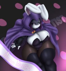 1girls anthro belly_button bunny_ears bunny_girl bunny_raven bunnysuit cloak dc dc_comics digital_media_(artwork) easter eyeliner fingerless_gloves furry gloves large_breasts looking_at_viewer looking_up pattern_background rachel_roth raven_(dc) sitting skin_tight snowyblue solo teen_titans thick_thighs tights watermark rating:Questionable score:30 user:Kurika