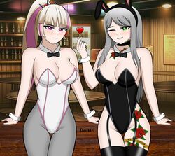 2girls ass_visible_through_thighs blonde_hair breasts bunny_ears bunny_girl bunnysuit chigusa_(fortnite) daikiri_di_mon female female_only fortnite fortnite:_battle_royale gray_hair green_eyes heart lennox_rose_(fortnite) looking_at_viewer pink_eyes rose_tattoo tattoos thighhighs two_tone_hair rating:Questionable score:45 user:Falagel24