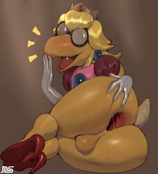 absurd_res anthro anus ass balls big_butt blonde_hair bottomless canon_crossdressing clothed clothing crossdressing crown dress eyewear femboy footwear gaping gaping_anus gay genitals glasses gloves hair handwear headgear hi_res high_heels kamek koopa lewdcactus lipstick lying makeup male male_only mario_(series) namespace nintendo on_side opaque_glasses presenting presenting_anus presenting_hindquarters princess_kamek princess_peach_(cosplay) scales scalie solo solo_male super_mario_bros._(2023_film) tiara yellow_body yellow_scales rating:Explicit score:212 user:bot