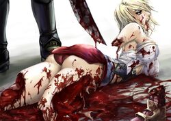 amputation artist_request ashelia_b'nargin_dalmasca ass beige_skin bleeding blonde_hair blood blood_puddle blood_stain bloody_clothes bloody_sword bone breasts broken_bone clothes color covered_breasts dismemberment female final_fantasy final_fantasy_xii foot gore guro hair hume injury messy puddle severed_foot stained_clothes sword weapon wound rating:Explicit score:50 user:bot