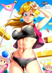 1girls 2boys absurd_res after_workout blonde_hair blue_eyes blush cameltoe crown detailed_background earrings female female_focus long_hair looking_at_viewer male mario_(series) midriff multiple_boys navel nintendo nipple_bulge one_eye_closed outdoors panties pink_lipstick princess_peach sasatseng smiling smiling_at_viewer sportswear standing super_mario_bros. sweat teeth_showing toad_(mario) topwear rating:Questionable score:96 user:!nner$elf89