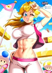 1girls 2boys absurd_res after_workout blonde_hair blue_eyes blush crown detailed_background earrings female female_focus long_hair looking_at_viewer male mario_(series) midriff multiple_boys navel nintendo one_eye_closed outdoors pink_lipstick princess_peach sasatseng smiling smiling_at_viewer sportswear standing super_mario_bros. sweat teeth_showing toad_(mario) rating:Questionable score:61 user:!nner$elf89