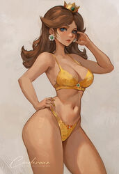 1girls big_breasts blue_eyes bra breasts brown_hair cinderone crown ear_piercing earrings female female_only flower_earrings hair hand_on_hip headwear hips lingerie lips long_hair mario_(series) nintendo orange_bra orange_panties panties princess_daisy solo solo_female thighs topwear wide_hips rating:Questionable score:213 user:daft_human