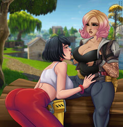 2girls cleavage clothed clothing evie_(fortnite) female female_only fortnite fortnite:_save_the_world lesbian lesbian_sex lesbians licking_breast pants penny_(fortnite) tagme tyrana yoga_pants yuri rating:Questionable score:101 user:CT-14556