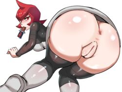 1girls anus ass bent_over big_ass blush bodysuit breasts curvaceous dat_ass eating female female_only huge_ass large_ass looking_back mars_(pokemon) mars_bar no_panties pokemon pokemon_dppt pussy red_eyes red_hair team_galactic thick_ass thick_thighs thighs ytrall rating:Explicit score:142 user:Samampaia