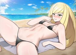 1girls beach bikini bikini_bottom bikini_top black_bikini blonde_hair blush bottomwear breasts cleavage female female_only game_freak green_eyes lepypepy lips long_hair lusamine_(pokemon) mature mature_female mature_woman medium_breasts milf mother pokemon pokemon_sm smile solo swimwear thighs topwear water wet wet_body rating:Questionable score:102 user:daft_human