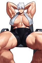 1girls absurd_res after_workout big_breasts dragon_ball dragon_ball_z female female_only hands_behind_head kei_(subway_gorilla) looking_at_viewer muscles muscular muscular_female muscular_thighs narrowed_eyes original original_character red_eyes saiyan short_hair shorts shounen_jump sitting solo sotcho topless towel towel_around_neck unamused white_background white_hair rating:Questionable score:91 user:!nner$elf89