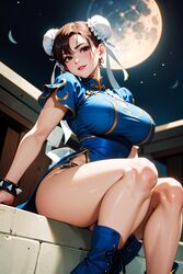 1girls ai_generated blue_dress bracelet breasts brown_eyes brown_hair capcom chun-li curvaceous curvy_body curvy_female female_focus huge_breasts looking_at_viewer looking_down moon night solo solo_female solo_focus stable_diffusion street_fighter thick_thighs voluptuous voluptuous_female rating:Questionable score:115 user:Dragon98