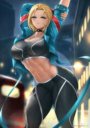 1girls arms_up bare_shoulders black_bra black_gloves black_pants blonde_hair blue_eyes blue_jacket blush bra breasts cammy_white cleavage collarbone crop_top cyicheng facial_scar female female_only fingerless_gloves fully_clothed gloves jacket large_breasts looking_at_viewer navel open_clothes open_jacket pants scar scar_on_cheek scar_on_face short_hair solo street_fighter street_fighter_6 thighs tight tight_pants toned underwear rating:Safe score:57 user:Giganto