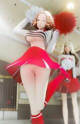 2girls 3d 3d_(artwork) alternate_hairstyle amateurthrowaway ann_takamaki atlus blue_eyes breasts brown_eyes brown_hair cheerleader cheerleader_uniform curly_hair female hair_down haru_okumura holding_object huge_breasts indoors light-skinned_female light_skin long_hair midriff no_panties persona persona_5 pom_poms pussy short_hair short_skirt skirt thighs uncensored underboob wink rating:Explicit score:159 user:Aeolus_HX