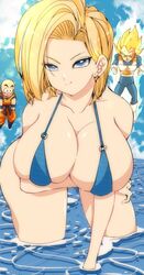 1girls 2boys android_18 bald big_ass big_breasts bikini blonde_hair blue_eyes breasts dragon_ball dragon_ball_z female female_focus huge_breasts krillin kuririn large_breasts male omochi_db short_hair super_saiyan thick_thighs vegeta yellow_hair rating:Questionable score:72 user:bastard2002