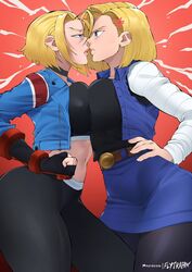 2girls almost_kissing android_18 angry ass blonde_hair blue_eyes blue_jacket blue_skirt breasts breasts_pressed_together breasts_to_breasts british cammy_white capcom catfight choker crossover dragon_ball dragon_ball_z earring female female_focus female_only fight flytrapxx fully_clothed glaring hi_res highres imminent_fight leggings light-skinned_female light_skin pressed_together short_hair shueisha skirt squished_breasts staredown street_fighter street_fighter_6 tights toei_animation trousers union_jack weekly_shonen_jump zipper rating:Questionable score:261 user:MaximumClaire