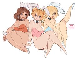 3girls animal_ears bent_legs blonde_hair blue_eyes brown_hair bunny_ears bunny_girl bunny_tail bunnysuit cleavage clothing crossed_legs crown detached_collar fake_animal_ears fake_tail female female_only full_body hair_over_one_eye heels hi_res kamii_momoru leg_up leotard long_hair looking_at_viewer mario_(series) multiple_girls neck_ribbon nintendo princess_daisy princess_peach princess_rosalina simple_background sitting smiling smiling_at_viewer strapless strapless_leotard tail thick_thighs thighs white_background wrist_cuffs rating:Questionable score:216 user:!nner$elf89