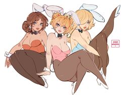 3girls animal_ears bent_legs blonde_hair blue_eyes brown_hair bunny_ears bunny_girl bunny_tail bunnysuit cleavage clothing crossed_legs crown detached_collar fake_animal_ears fake_tail female female_only full_body hair_over_one_eye heels hi_res kamii_momoru leg_up leotard long_hair looking_at_viewer mario_(series) multiple_girls neck_ribbon nintendo pantyhose princess_daisy princess_peach princess_rosalina simple_background sitting smiling smiling_at_viewer strapless strapless_leotard tail thick_thighs thighs white_background wrist_cuffs rating:Questionable score:139 user:!nner$elf89