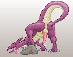 anus back_view barefoot blue_eyes claws color dragon erection horns looking_at_viewer looking_back male male_only open_eyes open_mouth penis pixel pixel_art presenting purple_skin raised_tail rock scalie solo tail testicles tongue tongue_out rating:Explicit score:1 user:bot