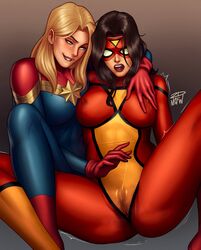 2dnsfw 2dswirl big_breasts black_hair blonde blonde_female blonde_hair captain_marvel carol_danvers clothed clothed_female clothed_sex ejaculation female female_focus female_only fingering jessica_drew lactating lactation marvel marvel_comics masked masked_female nipples nipples_visible_through_clothing nude orgasm pussy spider-woman squirt squirting vagina yuri rating:Explicit score:122 user:Black-Storm