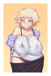 1girls alternate_version_available big_breasts black_bra black_panties blonde_hair blush bra bra_visible_through_clothes breasts ear_piercing earrings female female_only hair hand_on_hip huge_breasts mature mature_female mature_woman milf mitsuki_bakugou mother my_hero_academia nutrio panties red_hair smile solo solo_female rating:Explicit score:117 user:daft_human