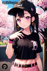 ai_generated bangs baseball_cap belt black_hair black_headwear black_shirt blush breasts cherry_blossoms collarbone crop_top day demon_slayer earrings female hand_up hat jewelry kamado_nezuko kimetsu_no_yaiba long_hair looking_at_viewer medium_breasts midriff nail_polish navel outdoors pants parted_lips pikkiwynn pink_eyes pink_nails pink_shorts shirt short_sleeves solo stomach wristband rating:Safe score:95 user:Pikkiwynn