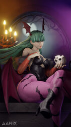 3d aanix bat_print bat_wings big_breasts black_leotard bridal_gauntlets clothing darkstalkers demon_girl demon_wings green_eyes green_hair holding_skull leotard long_hair looking_at_viewer morrigan_aensland pale-skinned_female purple_leggings seductive_look seductive_smile skull small_breasts smile smiling smiling_at_viewer smug smug_face succubus vampire vampire_hunter vampire_savior wings_on_head rating:Questionable score:55 user:Lewddude69