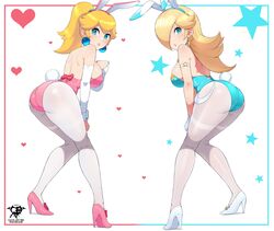 2girls ass blonde_hair blue_eyes breasts bunny_ears bunny_girl bunnysuit female female_only hair_over_one_eye heels kaos_art large_ass large_breasts light-skinned_female light_skin long_hair long_legs mario_(series) nintendo princess_peach princess_rosalina rating:Questionable score:248 user:Aeolus_HX