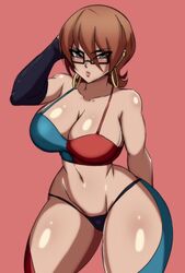 1girls android_21 android_21_(human) arm_behind_back armwear big_breasts brown_hair darwaarts dragon_ball dragon_ball_fighterz earrings female female_only glasses hand_behind_head hi_res looking_at_viewer narrowed_eyes red_background short_hair solo thick_thighs thong topwear wide_hips rating:Questionable score:125 user:!nner$elf89