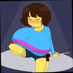 1girls big_breasts blush bray-din breast_expansion breasts brown_hair clothed clothing female frisk huge_breasts large_breasts massive_breasts short_hair solo undertale undertale_(series) yellow_skin rating:Questionable score:65 user:Putridmoldyman