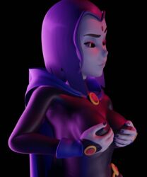 1girls 3d 3d_(artwork) black_background blender breast_grab breasts cape curvy dc dc_comics female female_only forehead_jewel fully_clothed highres lewdality looking_down nipple_bulge purple_eyes purple_hair rachel_roth raven_(dc) simple_background solo teen_titans teenager rating:Questionable score:38 user:topmidbot